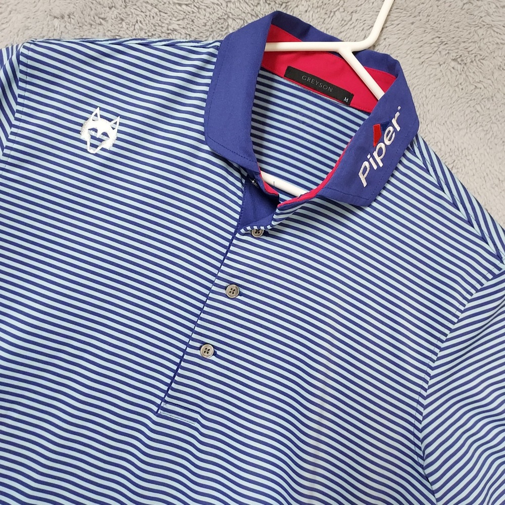 Greyson Polo Shirt Men Medium Golf Striped Piper Sponsor Tour Blue Jersey Preppy
